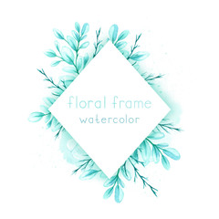 Frame with watercolor green leaves and branches on a white background.