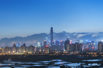Naklejka premium Skyline of Shenzhen City, China at twilight. Viewed from Hong Kong border