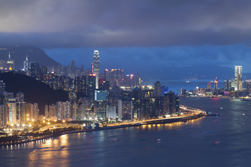 Naklejka premium Panorama of Victoria Harbor of Hong Kong at night