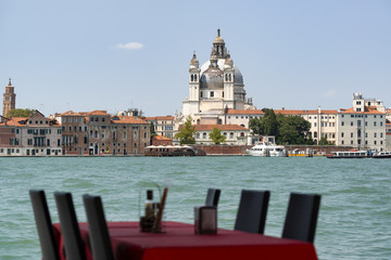 Fototapeta na wymiar View on Venetian old town from a restaurant