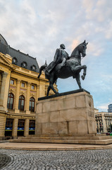 Fototapeta na wymiar King Carol the 1st statue in Bucharest, morning light