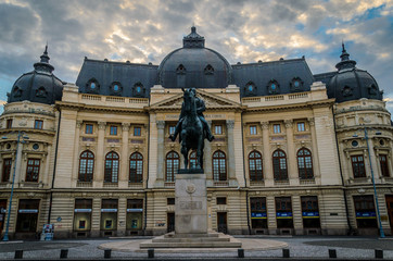 Fototapeta na wymiar King Carol the 1st statue in Bucharest, morning light