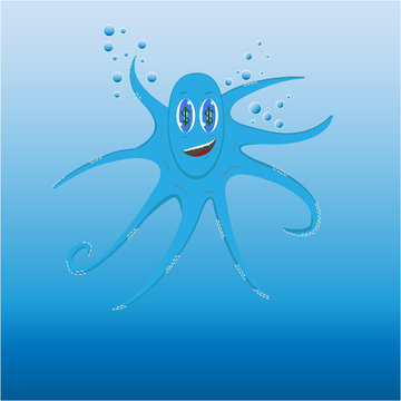 Happy octopus that likes a money. Cartoon illustration. Cute octopus. Vector