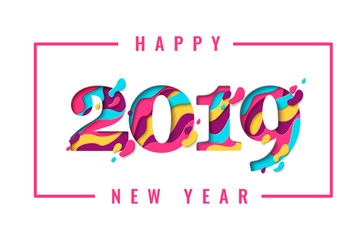 2019 Happy New Year paper art holiday design for seasonal greeting card. Vector winter holiday party invitation with paper cut numbers 2019 background for new year flyers, banners, posters.