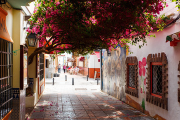 Fuengirola, SPAIN - MAY 2018: Beautiful with colorful spain city architecture. Modern architecture building background. Mediterranean spain. Beautiful building.