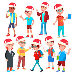Fototapeta premium Christmas Children Set Vector. Santa Hat. Boys And Girls. Happy New Year. Isolated Cartoon Illustration
