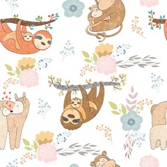 Seamless pattern. Vector animals mums and babies.