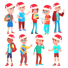 Christmas Children Set Vector. Santa Hat. Boys And Girls. December. Isolated Cartoon Illustration