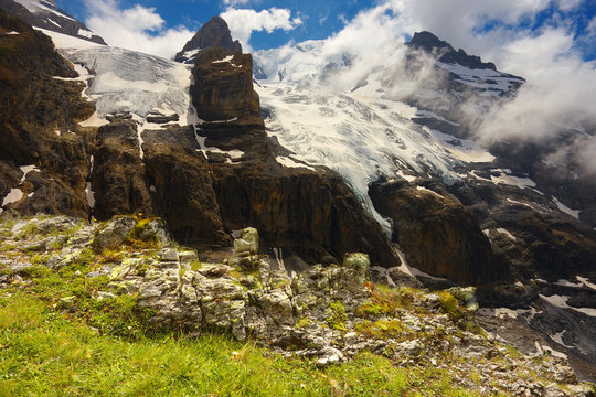 Mountain landscape with glaciers and peaks nearby resort of Kandersteg, Switzerland