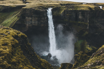 aerial view of icelandic landscape with beautiful Haifoss waterfall