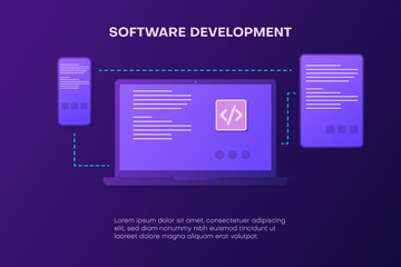 Software development. Landing page template with mobile devices.