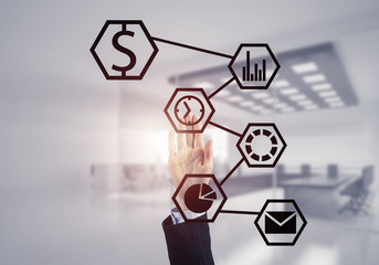 Modern office interior and close of businesswoman hand choosing 