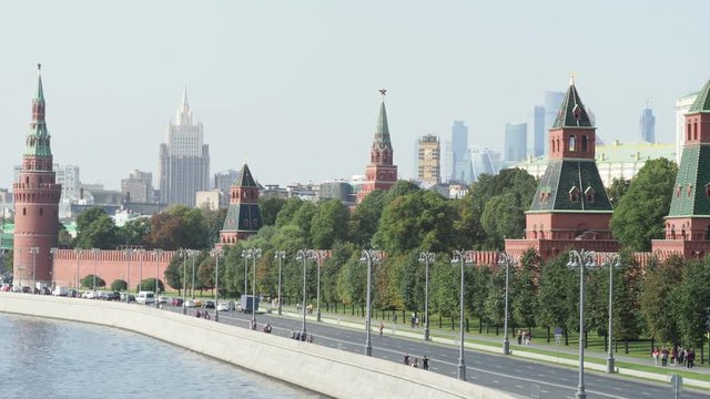 Kremlin Towers and high-rise buildings in Moscow city in september