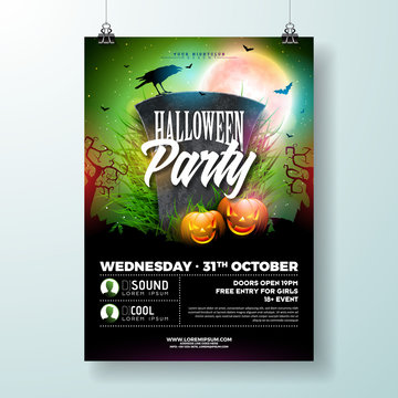 Halloween Party flyer vector illustration with tombstone and scary faced pumpkin on green background. Holiday design template with crow and flying bats for party invitation, greeting card, banner or