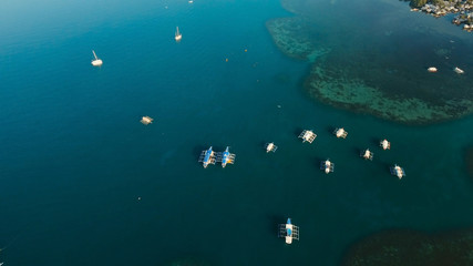 Fototapeta premium Aerial view of sailing boats and yachts in the bay. Boat and yacht in the tropical lagoon. Aerial view: tropical landscape. Tropical island. Philippines, El Nido. Travel concept