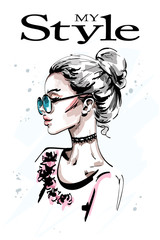 Hand drawn beautiful young woman profile. Stylish elegant blond hair girl in sunglasses. Fashion woman portrait. Sketch.