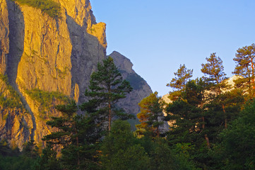 Mountain landscape in the sunny rays in sunrise
