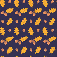 Seamless repeat pattern with falling oak leaves, acorns, on a blue background. Hand drawn vector illustration. Flat style design. Concept for autumn textile print, wallpaper, wrapping paper.
