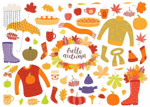 Big autumn set with leaves, acorns, food, pies, mugs, clothes, quote Hello Autumn. Isolated objects on white background. Hand drawn vector illustration. Flat style design. Concept for season change.