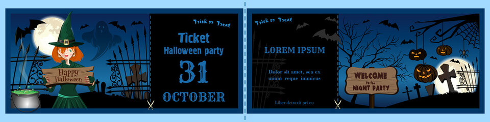 Invitation tickets for the Halloween night party. Invitation flyer template for Halloween. Vector illustration