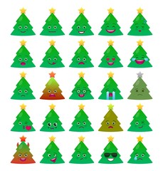 Christmas tree funny emoticons set. Joy, love, laugh, happy and sad green fir tree with decoration emoji symbols. Merry Christmas and happy new year vector elements. Smiley face with facial expression