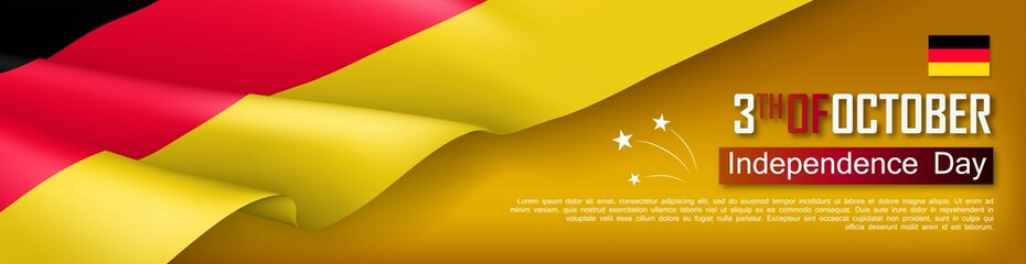 Germany independence day horizontal web banner. Patriotic background with realistic waving tricolor flag. National traditional holiday vector illustration. Germany unity day political holiday