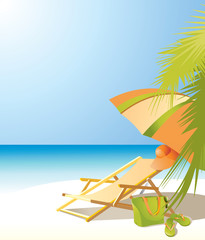 Background with sea, beach umbrella, chaise longue and beach accessories.