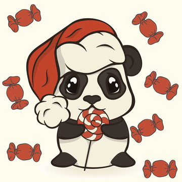 recommend clip art: Cute Christmas panda bear in red Santa's hat with pompon eat sugar lollipop striped stick. Happy panda with sugarplum. Bearcat in Christmas mood. Xmas card image. Merry Christmas and Happy New Year.
