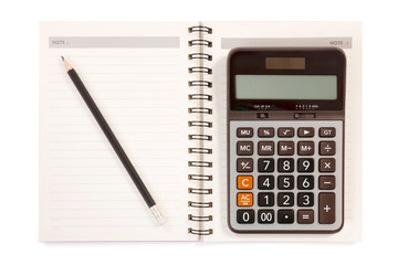 Notebook Pencil and Calculator on White Background.
