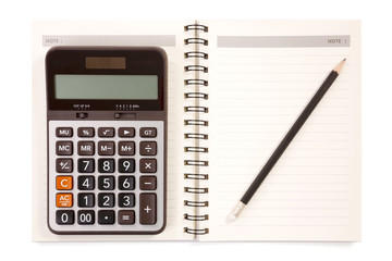 Notebook Pencil and Calculator on White Background.