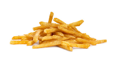 Side view of a pile of cooked french fries isolated on a white background.