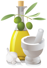 Bottle with olive oil and white mortar and pestle.