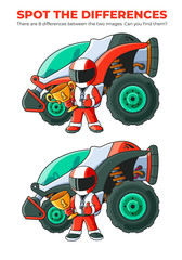 Spot the differences - an educational game for children. Champion Racer with a Golden Cup and His Racing Car © NM