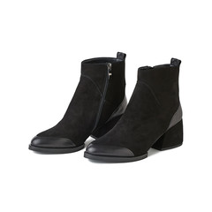 Women black suede shoes with leather details and block heels. Isolated on white background