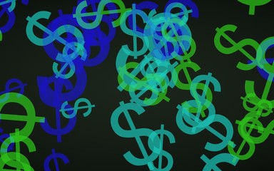 Multicolored translucent dollar signs on dark background. Green tones. 3D illustration