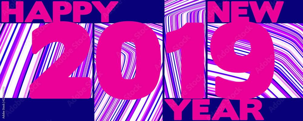 Aufkleber template of simple new year card with cerise '2019' on striped background