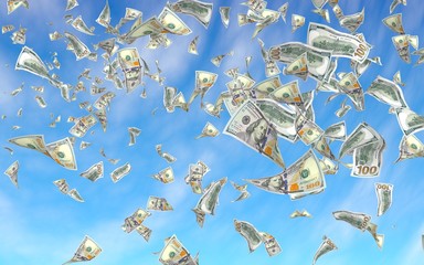 Flying dollars banknotes against the sky background. Money is flying in the air. 100 US banknotes new sample. 3D illustration