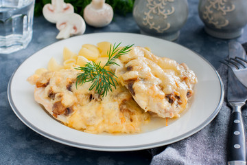Chicken fillet breast with cheese and mushrooms, selective focus