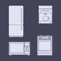 a set of icons of household kitchen appliances refrigerator, stove, microwave, coffee maker.