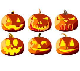 Set of six pumpkins for Halloween, objects isolated on white background
