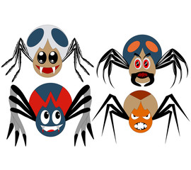 A set of four cartoon spiders of different shapes and colors