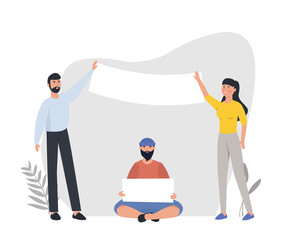 Protesting people holding banners and placards. Men and women  taking part in parade or rally. Vector illustration.