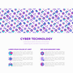 Cyber technology concept with thin line icons: ai, virtual reality glasses, bionics, robotics, global network, computer game, microprocessor, nano robots. Vector illustration, web page template.