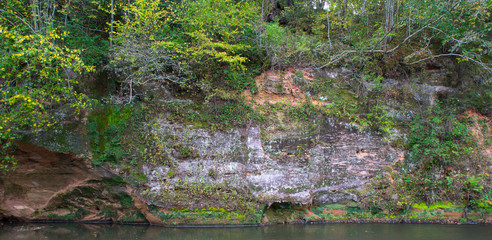 Fototapeta na wymiar Rocks of sandstone overgrown with plants and moss, river flow.