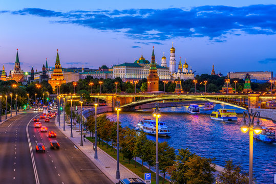 Moscow Kremlin and Moscow River at night in Moscow, Russia. Architecture and landmark of Moscow
