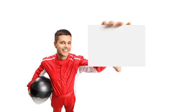 Racer holding a blank card and a helmet