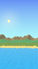 Sun Sea Beach. Noon. Ocean shore line with waves on a beach. Island beach paradise with waves. Vacation, summer, relaxation. Seascape, seashore. Minimalist landscape, primitivism. 3D illustration