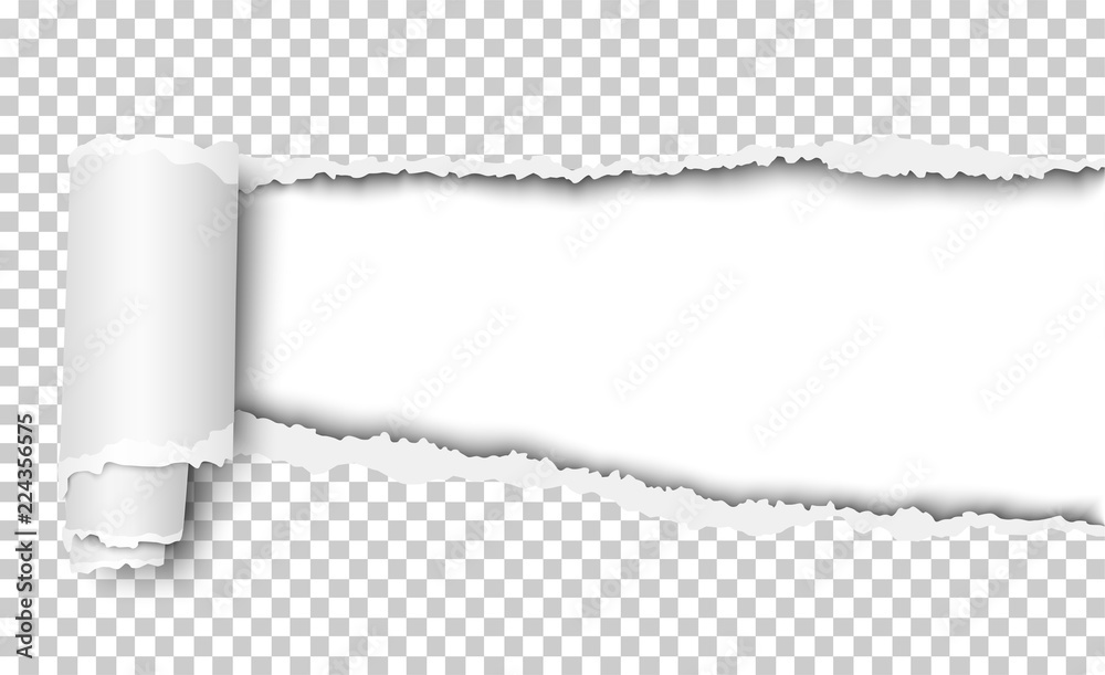 Wall mural vector oblong torn hole in transparent sheet of paper with shadow and paper curl. white resulting ba