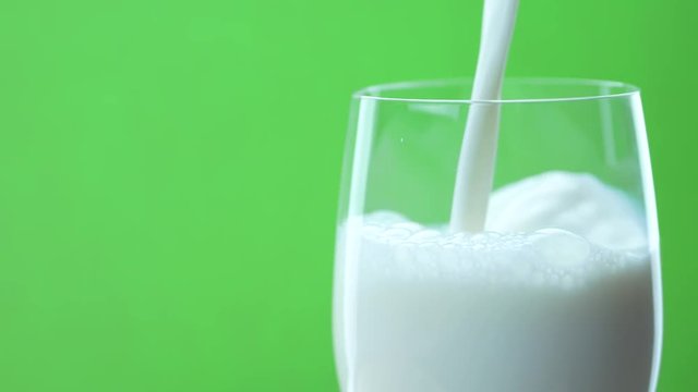 Pouring milk in the glass on green background