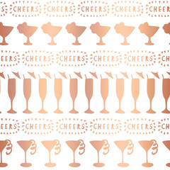 Rose gold foil cocktail glass seamless vector pattern. Metallic copper alcohol drinking glasses champagne flutes on white background. Cheers lettering. For restaurant, bar menu, decor, summer party